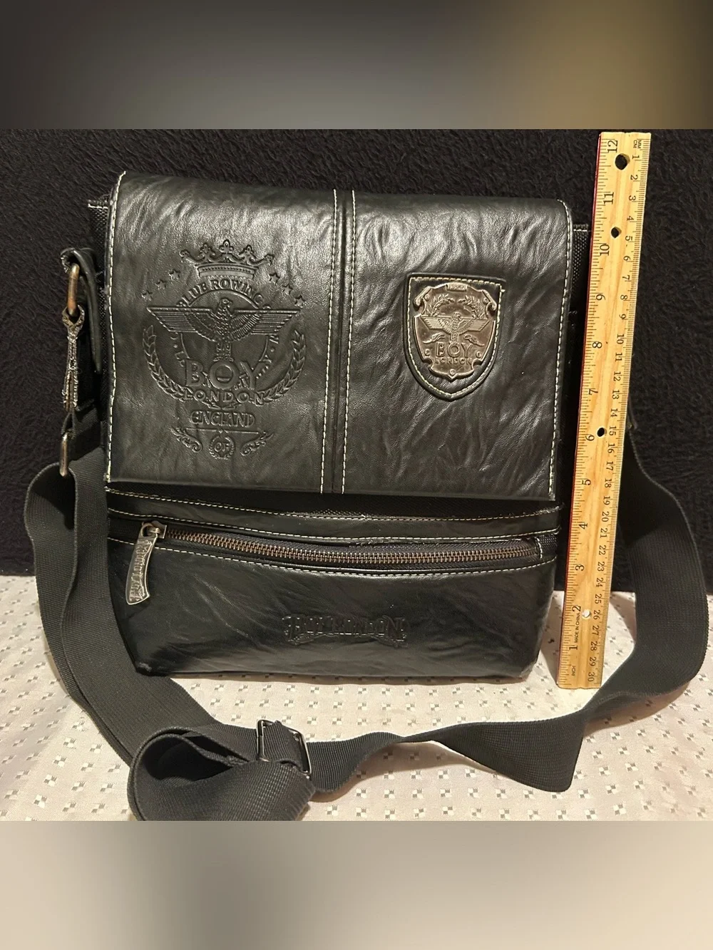 Vintage Boy London Black Leather Messenger Bag Shoulder Bag Satchel Crossbody